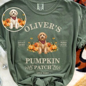 May include: Olive green t-shirt with a graphic featuring a dog wearing a bandana, pumpkins, and the text "Oliver's Pumpkin Patch". The shirt also has the phrases "Locally Grown" and "Picked by Paw".