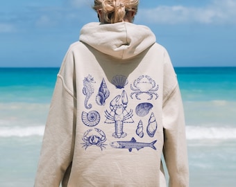 Strand Hoodie Meeresbiologie-Sweatshirt Ozean-Pullover Meerestier-Shirt Muschel Geschenk Natur-Liebhaber-Strandästhetik Kleidung Kokosnuss-Mädchen