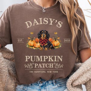 May include: A brown short-sleeve t-shirt featuring a graphic of a dachshund wearing a red and black plaid bandana surrounded by pumpkins and flowers. The text reads DAISY'S, EST. 2025, PUMPKIN PATCH, and THE HAMPTONS, NEW YORK, with pumpkin icons.
