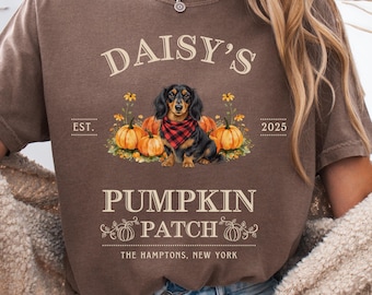Op de afbeelding: Een bruin t-shirt met korte mouwen en een afbeelding van een teckel met een rood-zwart geruite bandana, omringd door pompoenen en bloemen. De tekst luidt DAISY'S, EST. 2025, PUMPKIN PATCH en THE HAMPTONS, NEW YORK, met pompoenpictogrammen.