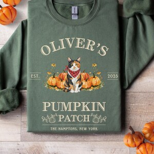 May include: Green sweatshirt with the text "Oliver's Pumpkin Patch" and a graphic of a cat wearing a red bandana, surrounded by pumpkins. The text "The Hamptons, New York" is also included.