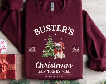 French Bulldog Christmas Sweatshirt Frenchie Dogs Shirt Christmas Trees Sweater Personalized Dog Mom Crewneck Frenchies Gifts French Bulldog