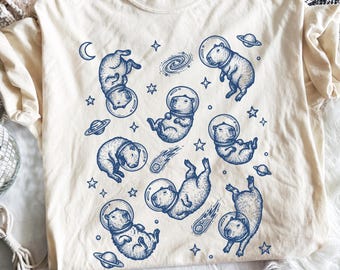 Maglietta Capibara, maglietta divertente Capibara, maglietta con grafica di animali spaziali, regalo per gli amanti dei Capibara, maglietta lavata Comfort Colors
