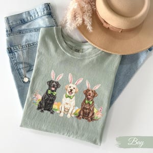 May include: A green t-shirt with a graphic of three Labrador Retrievers wearing bunny ears and bow ties. The dogs are surrounded by Easter eggs. The text "Bay" is visible in the bottom right corner of the image.