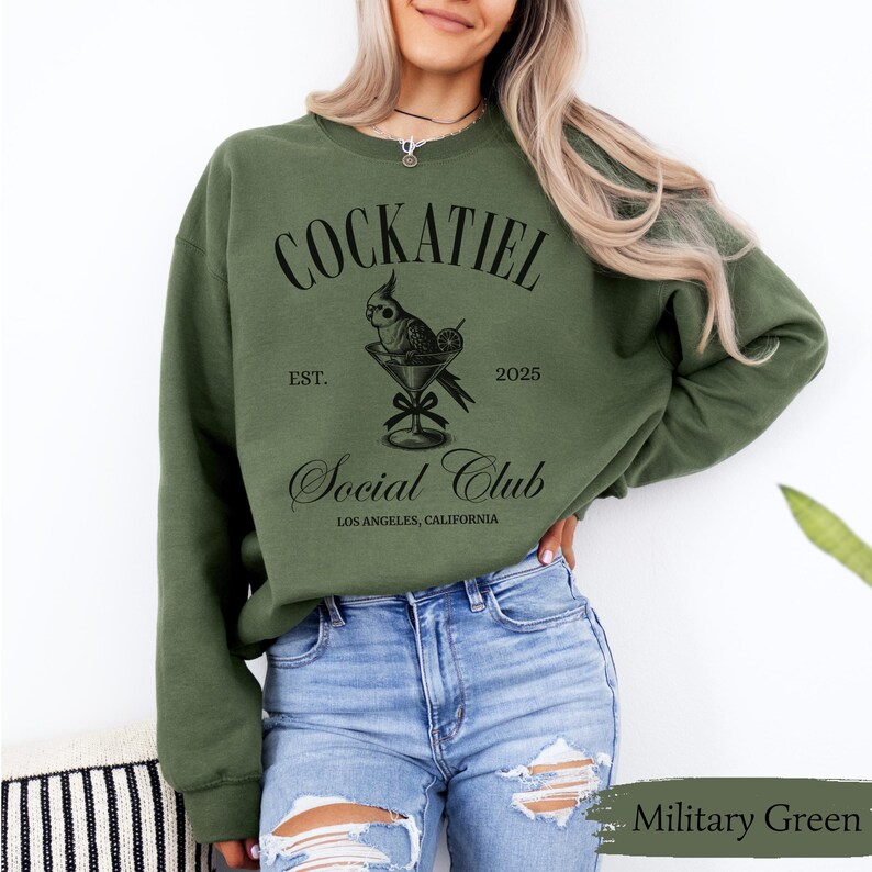 Cockatiel Social Club Sweatshirt - Bird Mom Gift Military Green
