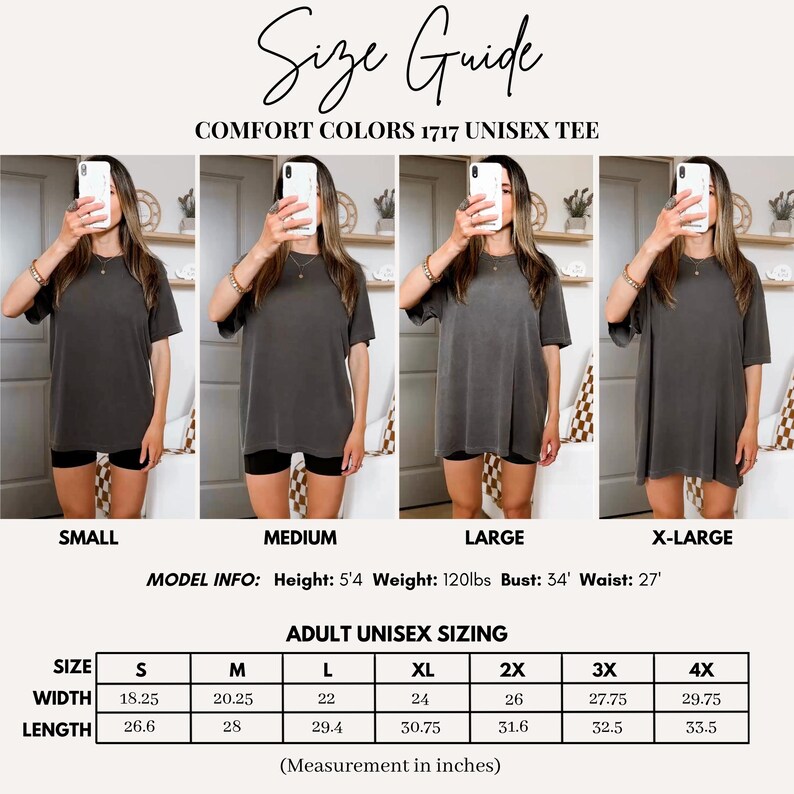 Puede incluir: Gu&iacute;a de tallas para camisetas unisex Comfort Colors 1717. La imagen muestra cuatro modelos que visten la camiseta en diferentes tallas: peque&ntilde;a, mediana, grande y extragrande. La tabla de tallas proporciona medidas en pulgadas para el ancho y el largo, desde la talla S hasta la 4XL.