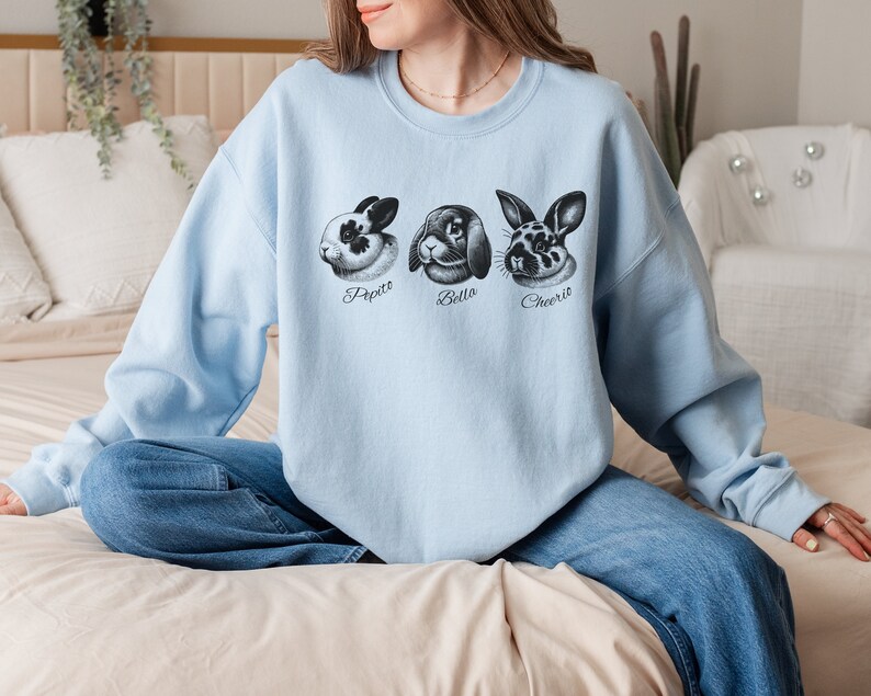 May include: A light blue sweatshirt with a graphic of three bunny rabbits. The bunnies are black and white and have names written underneath them: Papito, Bella, and Cheerio.