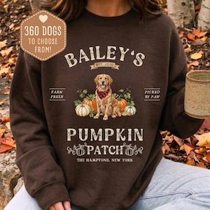Puede incluir: Una sudadera de cuello redondo color marrón oscuro con un gráfico de un golden retriever con un pañuelo de cuadros rojos, rodeado de calabazas y enredaderas. El texto dice: BAILEY'S EST. 2026, FARM FRESH, PICKED BY PAW, PUMPKIN PATCH, THE HAMPTONS, NEW YORK.