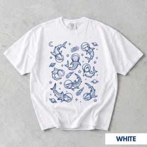 Camiseta de tiburón, camiseta divertida de tiburones, regalo para amantes de los tiburones, camiseta con estampado de animales espaciales, camiseta Comfort Colors White