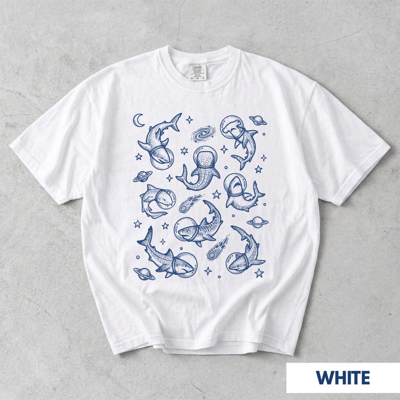 Camiseta de tiburón, camiseta divertida de tiburones, regalo para amantes de los tiburones, camiseta con estampado de animales espaciales, camiseta Comfort Colors White