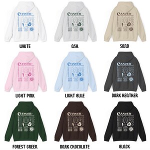 May include: A set of ten hooded sweatshirts in various colors, each featuring a graphic design with the word "CANCER" and astrological symbols. The colors include white, ash, sand, light pink, light blue, dark heather, forest green, dark chocolate, and black.