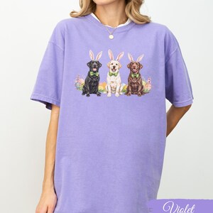 May include: A purple t-shirt with a graphic of three Labrador Retrievers wearing bunny ears and bow ties. The dogs are sitting in front of a background of Easter eggs.