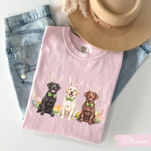 May include: Pink t-shirt with a graphic of three Labrador Retrievers wearing bunny ears and green bow ties. The dogs are surrounded by Easter eggs and flowers. The shirt has the text "Comfort Colors" on the tag.