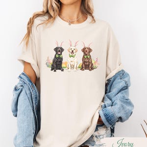 May include: A white t-shirt with a graphic of three Labrador Retrievers wearing bunny ears. The dogs are black, white, and brown. The graphic is surrounded by pastel colored Easter eggs.