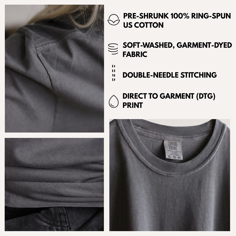 Puede incluir: Primer plano de una camiseta gris con el texto "COMFORT COLORS" en la etiqueta. La camiseta est&aacute; hecha de algod&oacute;n estadounidense 100% hilado en anillo pre-encogido, tejido suavemente lavado y te&ntilde;ido, y presenta costuras de doble aguja e impresi&oacute;n directa a la prenda (DTG).