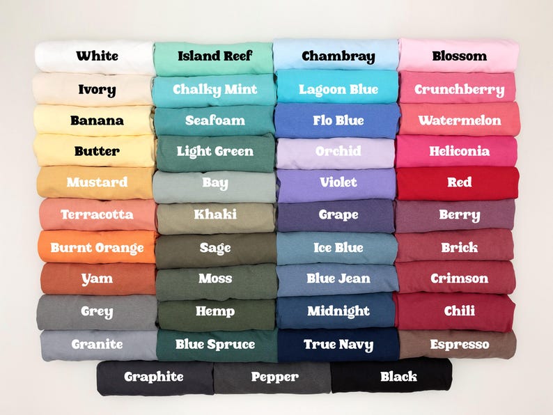 May include: A color chart of 36 different fabric swatches, each with a label indicating its color name. The colors range from white to black, with shades of blue, green, red, orange, yellow, and brown.
