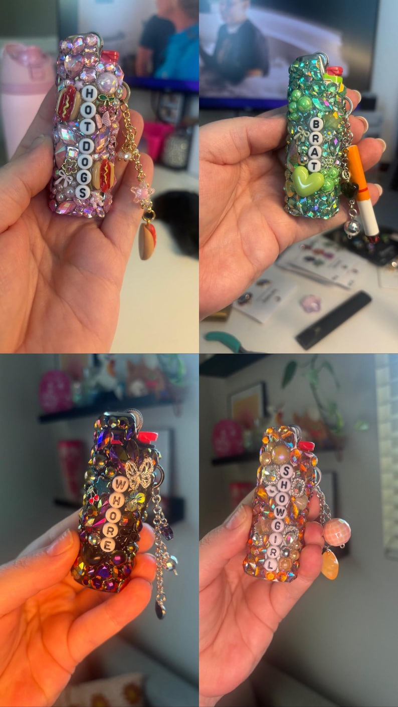 May include: Four lighters decorated with colourful rhinestones, beads, and charms. The lighters feature letter beads spelling HOTDOGS, BRAT, WHORE, and SHOWGIRL, along with miniature food, butterfly, and heart-shaped charms attached by small metal chains.