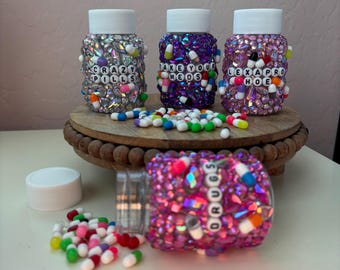 Custom Bedazzled Pill Bottle | Personalized Rhinestone Prescription Bottle Decor | Choose Your Colors & Words | Kawaii Vanity Storage Jar