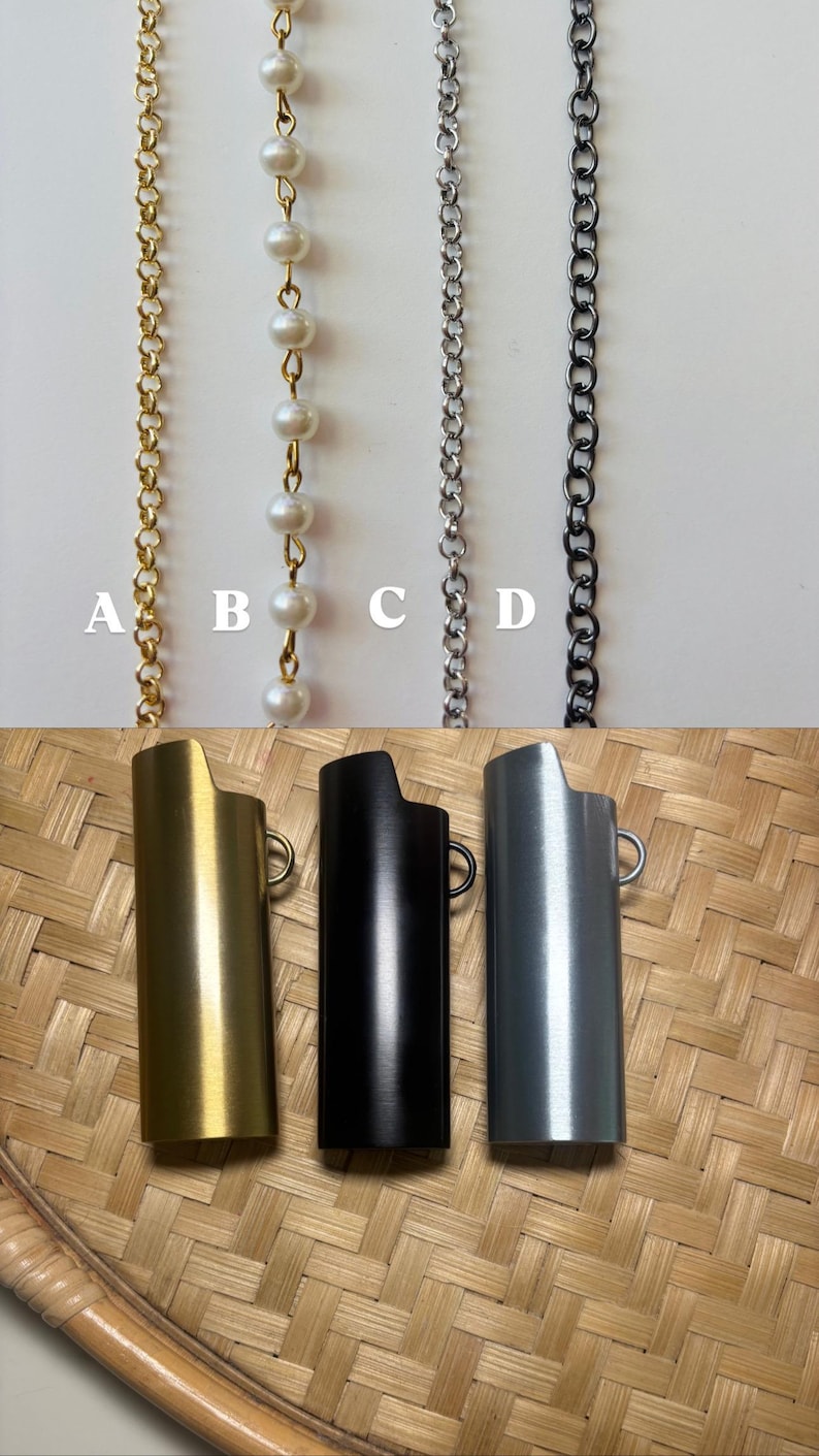 May include: Four vertical chains labelled A, B, C, and D, including a gold link chain, a pearl-accented gold chain, a silver link chain, and a dark metal link chain, positioned above three rectangular lighter cases in gold, black, and silver.