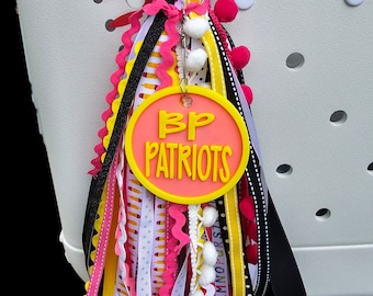 Personalized 3D Printed Double Ribbon Bag Tassel with loop and clip.