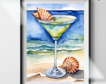 Impresión artística de concha de martini / Decoración de carrito de bar de playa (descarga digital)