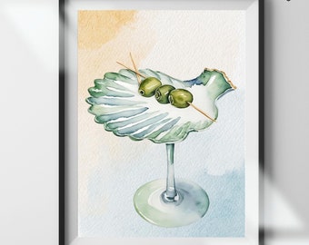 Impresión artística de Martini de concha / Decoración de carrito de bar costero (Descarga digital)