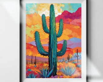 Wüsten-Kaktus-Sonnenuntergang-Wand-Kunst, farbenfroher südwestlicher Druck (digitaler Download)