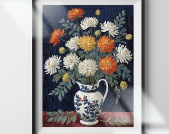 Blue Floral Painting Art Print: Retro Botanical Wall Decor (Digital Download)