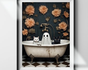 Ghost and Cats in Bathtub Print: Spooky Halloween Bathroom Art (Digital Download)
