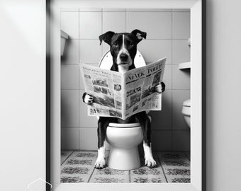 Impresión divertida de perro para el baño / Baño leyendo periódico, decoración humorística (descarga digital)