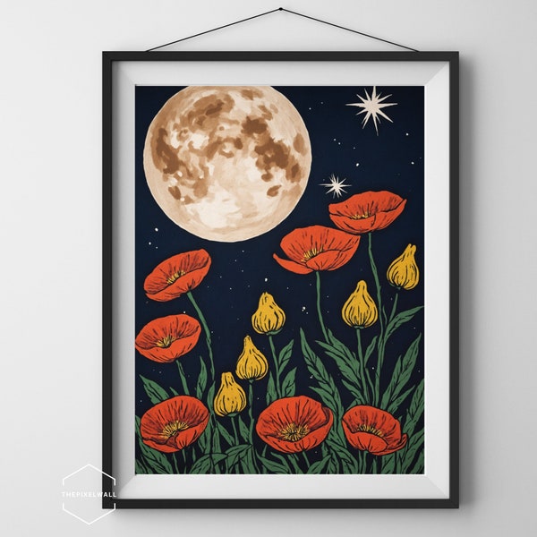 Moon and flowers vintage block print style art print | Mystical celestial, cottagecore flowers floral, whimsigoth art, ethereal moonlight