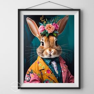 Impresión vintage de conejo de Pascua, pintura antigua de conejo de primavera, decoración de casa de campo neutra digital, arte de pared rústico oscuro y melancólico para imprimir