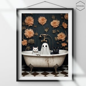 Ghost and Cat in Bathtub, Spooky Bubblebath Halloween Art, Black Cat Print, Whimsigoth Bathroom Decor, Ghost in bathtub print