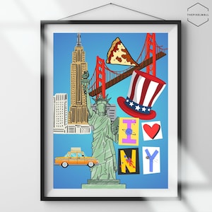 New York City Reise Poster | Digitale Kunst Download | Rosa NYC Skyline Ausstellungsdruck | Niedliche trendige Wandkunst