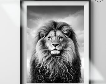 Black and White Lion Portrait Print: Safari Nursery Art (Digital Download)