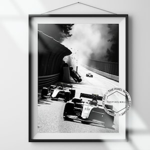 Black & White Formula One Crash Print – Monza Circuit F1 Racing Photography, High-Speed Motorsport Wall Art