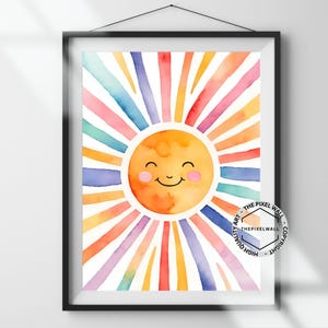 Impresión de acuarela de un sol sonriente: Arte mural para habitación infantil (descarga digital)