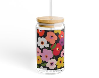 Abstract Vibrant Floral Pattern Sipper Glass, 16oz