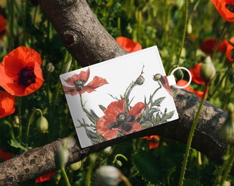 Porte-cartes rouge coquelicot en cuir saffiano à fleurs