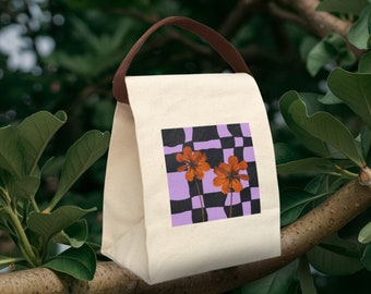 Cotton Canvas Lunch Bag with Checkered Pattern and Strap, Featuring Stylish Pressed Flowers