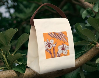 Lunch Bag with Strap, Boho Floral Print Design - Cotton Canvas Reusable Women Orange Tote for Work, Teacher, Student, Picnic, Meal, Gift