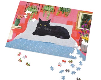 Black Cat Jigsaw Puzzle: Botanical Room Style, 500 Pieces, Perfect for Cat Lovers & Adults, Modern, Adorable, Floral, and Kitty Jigsaw