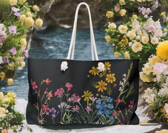 Wildflower Floral Print Tote - Large, Stylish, Versatile Rope Handle Bag for Work, Weekend, Beach, Vacation, Mother's Day, Gifts for Her