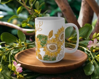 Sunflower Mug, Boho Wildflowers Coffee Mug, Vintage Botanical Tea Cup,  Floral Nature Mug, Flower Garden Lover Gift, 15oz White Ceramic Mug