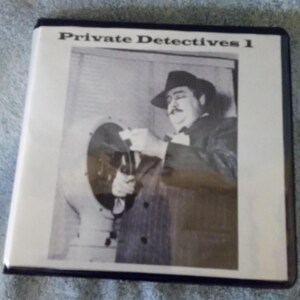 May include: A black and white image of a binder titled "Private Detectives 1." The binder features a vintage photograph of a man in a suit and hat, appearing to interact with a large, round object. The image has a classic, noir aesthetic.