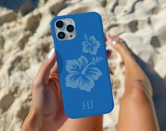 Personalized Blue Hibiscus Phone Case, Custom Name Initials