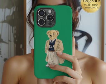 MagSafe Ralph Lauren USA Bear Tough Phone Case, iPhone 15 14 Pro, Cute Bear Classy/Clean Girl, Green USA sweater
