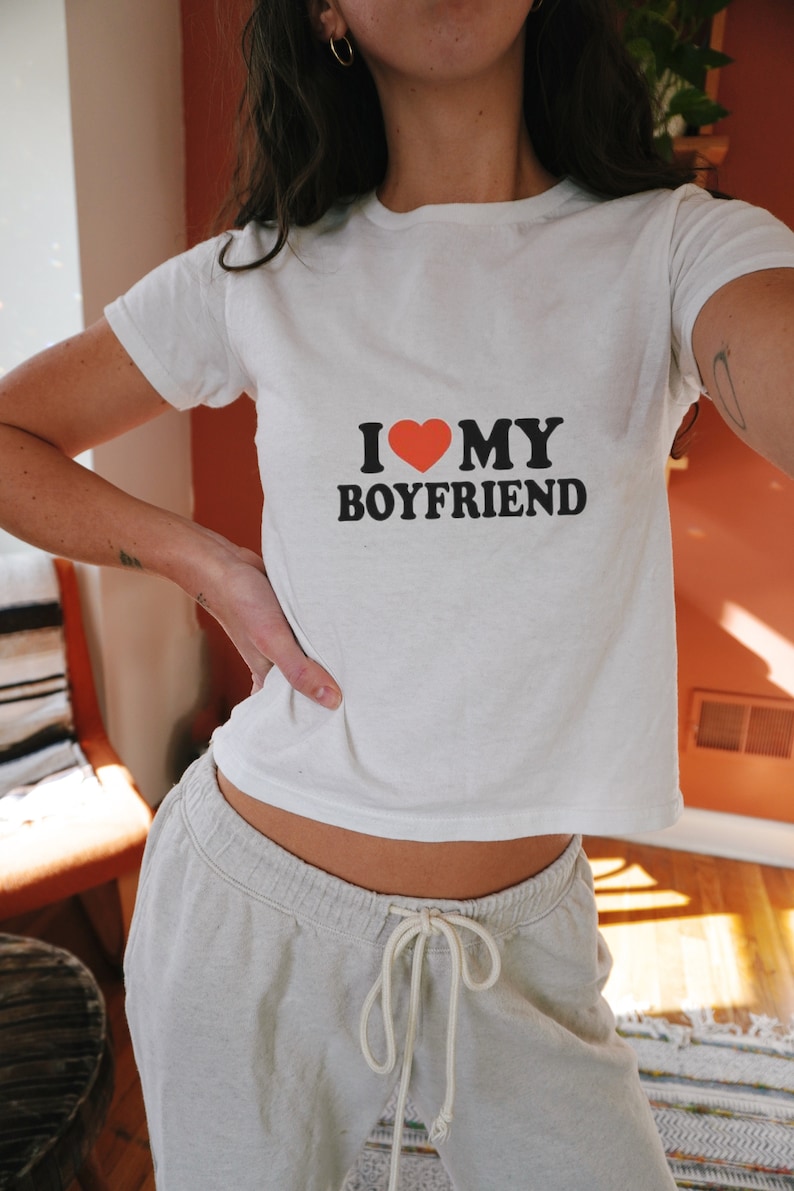 I love my Boyfriend Baby Tee, Vintage Graphic Tshirt Y2K Aesthetic Print, Girlfriend Couple Birthday Valentines Gift,Funny Slogan Meme 2000s Bild 1