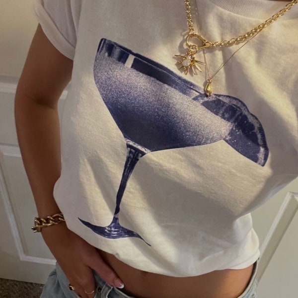 Tshirt Martini Glass Baby Tee, Graphic Tee Cocktail Print, Y2K Aesthetic Blue Design Vintage, Pinterest Style, Coquettecore, Tini Time