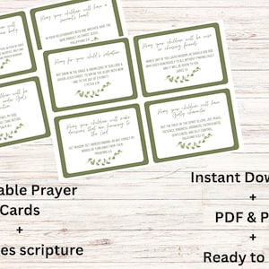 Puede incluir: Cartas de oración imprimibles con follaje verde y versículos de las Escrituras. Las tarjetas presentan frases como "Ora por tus hijos para que tengan un corazón de siervo" y "Ora por tus hijos para que sean sabios en la elección de sus amigos".